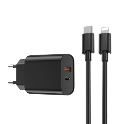 WIWU fali töltő Wi-U002 PD + QC 20W 1x USB 1x USB-C fekete + kábel USB-C - Lightning