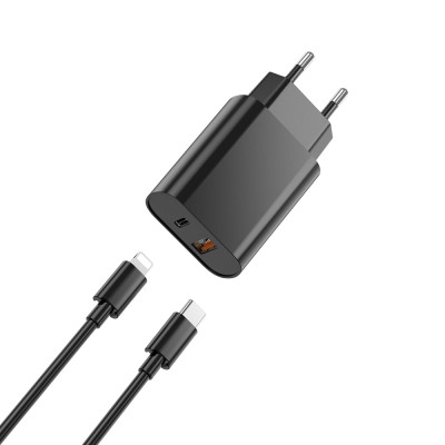 WIWU fali töltő Wi-U002 PD + QC 20W 1x USB 1x USB-C fekete + kábel USB-C - Lightning