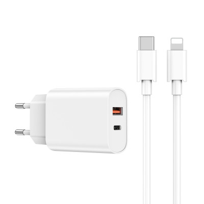 WIWU fali töltő Wi-U002 PD + QC 20W 1x USB 1x USB-C fehér + kábel USB-C - Lightning