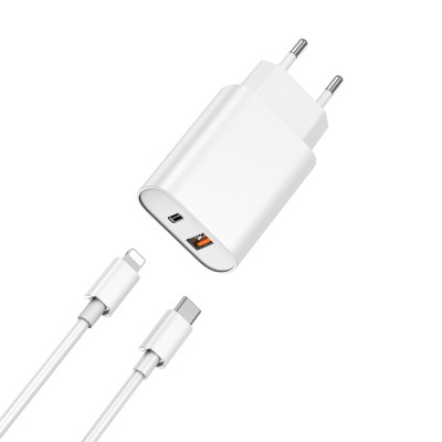WIWU fali töltő Wi-U002 PD + QC 20W 1x USB 1x USB-C fehér + kábel USB-C - Lightning
