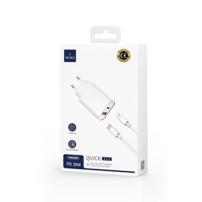 WIWU fali töltő Wi-U002 PD + QC 20W 1x USB 1x USB-C fehér + kábel USB-C - Lightning