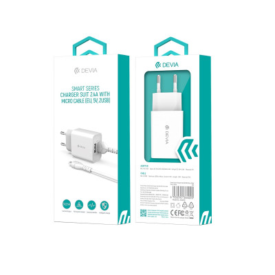Devia fali töltő Smart 2x USB 2,4A fehér + microUSB kábel