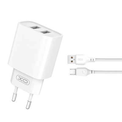 XO fali töltő CE02C 2x USB 2,1A fehér + microUSB kábel