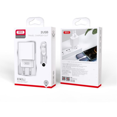 XO fali töltő CE02C 2x USB 2,1A fehér + microUSB kábel