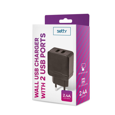 Setty hálózati töltő 2x USB 2,4A 12W fekete
