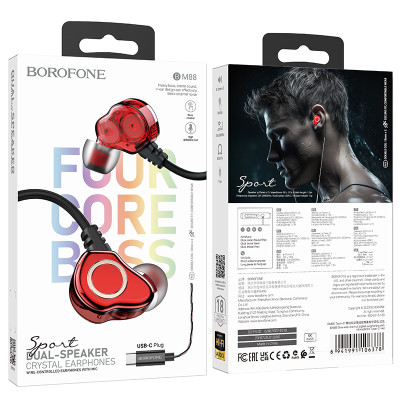 Borofone fülhallgató BM88 Sea mikrofonnal Type C piros