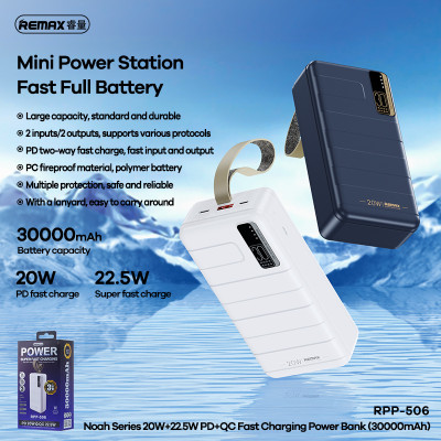 REMAX power bank 30000mAh RPP-506 Noah - USB + Type C - PD 20W QC 22,5W fehér