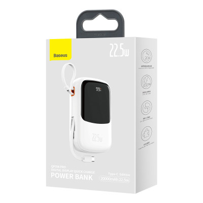 Baseus power bank 20000mAh Qpow Pro - USB + Type C - PD 22,5W Type C kábellel (PPQD060302) fehér