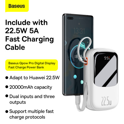 Baseus power bank 20000mAh Qpow Pro - USB + Type C - PD 22,5W Type C kábellel (PPQD060302) fehér