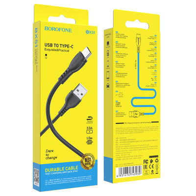 Borofone kábel BX51 Triumph - USB - Type C - 3A 1 méter fekete