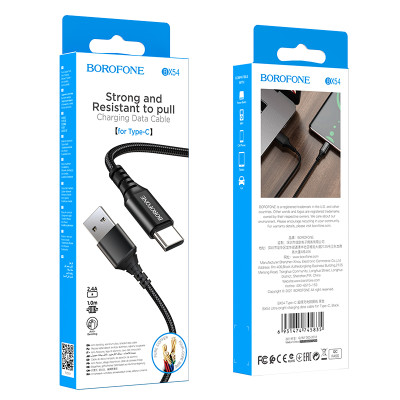 Borofone kábel BX54 Ultra Bright - USB - Type C - 3A 1 méter fekete