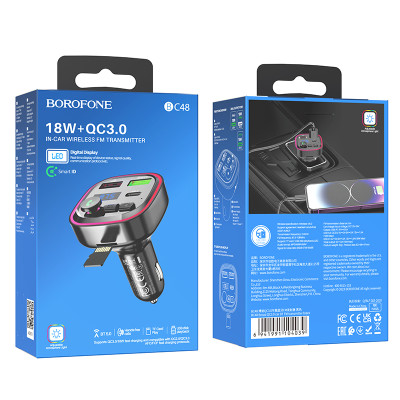 Borofone FM Transzmitter BC48 Broad MP3, Bluetooth - 2xUSB + Type C - QC 3.0 18W fekete