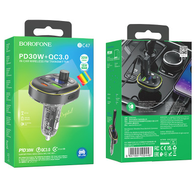 Borofone FM Transzmitter BC47 Might MP3, Bluetooth - 2xUSB + Type C - QC 3.0 18W PD 30W szürke