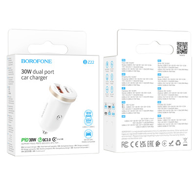 Borofone autós töltő BZ22 Scenery - USB + Type C - QC 3.0 PD 30W fehér