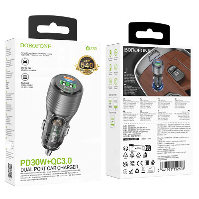 Borofone autós töltő BZ30 Absolute - USB + Type C - QC 3.0 PD 30W 3A átlátszó-fekete