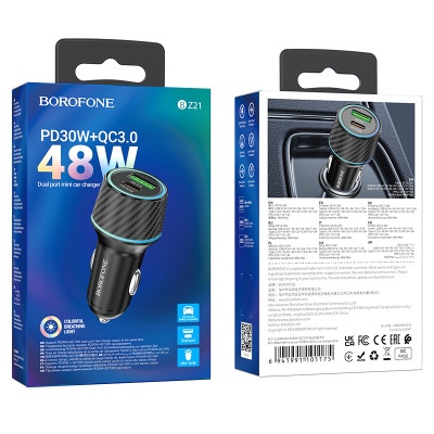 Borofone autós töltő BZ21 Brilliant - USB + Type C - QC 3.0 PD 48W fekete