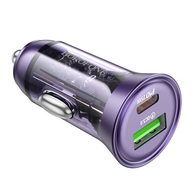 Borofone autós töltő BZ26A Shadow - USB + Type C - PD 43W 3A átlátszó-lila