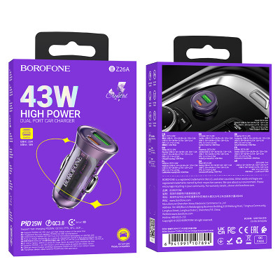 Borofone autós töltő BZ26A Shadow - USB + Type C - PD 43W 3A átlátszó-lila