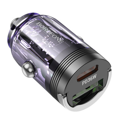 Borofone autós töltő BZ29A Talented - USB + Type C - QC 3.0 PD 36W 3A átlátszó-lila