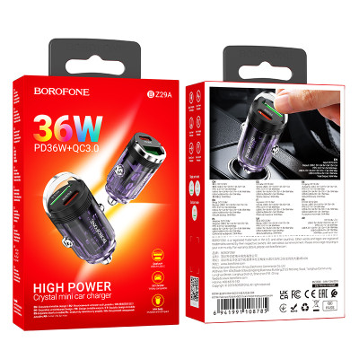 Borofone autós töltő BZ29A Talented - USB + Type C - QC 3.0 PD 36W 3A átlátszó-lila