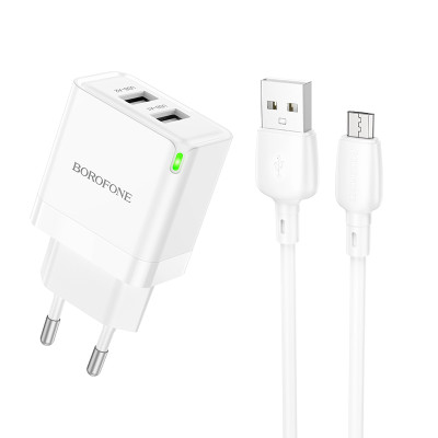 Borofone fali töltő BN15 Strong - 2xUSB - 2,1A USB - Micro USB kábellel fehér