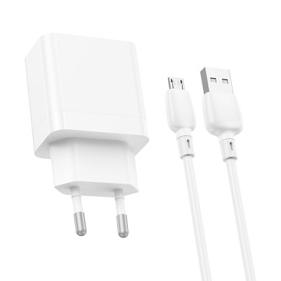 Borofone fali töltő BN15 Strong - 2xUSB - 2,1A USB - Micro USB kábellel fehér