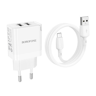 Borofone fali töltő BN15 Strong - 2xUSB - 2,1A USB - Micro USB kábellel fehér