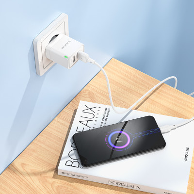 Borofone fali töltő BN15 Strong - 2xUSB - 2,1A USB - Micro USB kábellel fehér