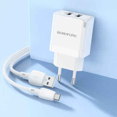 Borofone fali töltő BN15 Strong - 2xUSB - 2,1A USB - Micro USB kábellel fehér