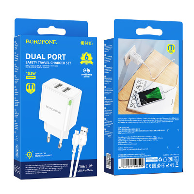 Borofone fali töltő BN15 Strong - 2xUSB - 2,1A USB - Micro USB kábellel fehér
