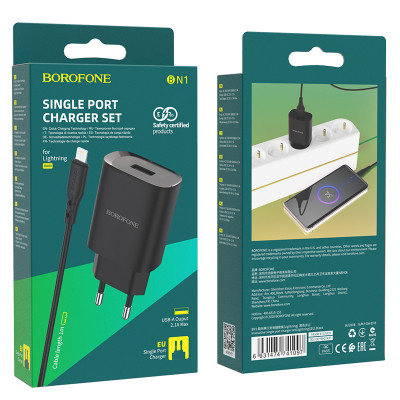 Borofone fali töltő BN1 Innovative - USB - 2,1A USB - Lightning kábellel fekete