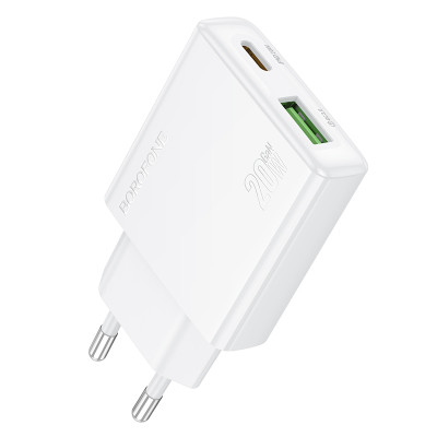 Borofone fali töltő BN24 Wish (Ultra Thin) - USB + Type C - PD QC 3.0 20W fehér