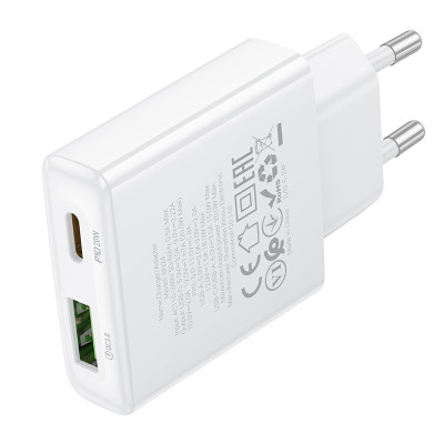 Borofone fali töltő BN24 Wish (Ultra Thin) - USB + Type C - PD QC 3.0 20W fehér