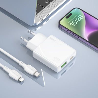 Borofone fali töltő BN24 Wish (Ultra Thin) - USB + Type C - PD QC 3.0 20W fehér