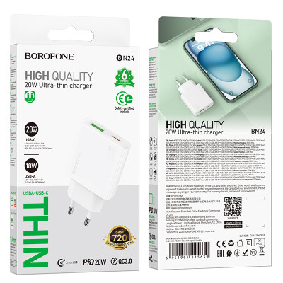 Borofone fali töltő BN24 Wish (Ultra Thin) - USB + Type C - PD QC 3.0 20W fehér