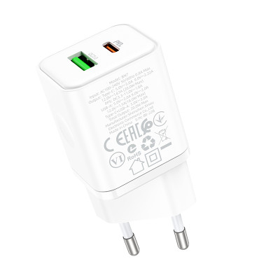 Borofone fali töltő BN7 - USB + Type C - QC 3.0 PD 20W fehér