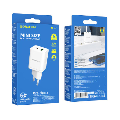 Borofone fali töltő BN7 - USB + Type C - QC 3.0 PD 20W fehér