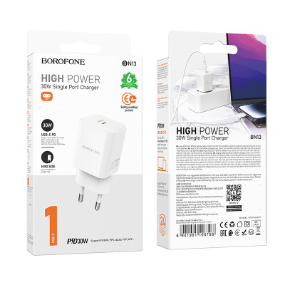 Borofone fali töltő BN13 Safety GaN - Type C - PD 30W fehér