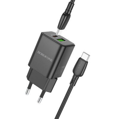 Borofone fali töltő BN14 Royal GaN - USB + Type C - QC 3.0 PD 30W Type C - Type C kábellel fekete