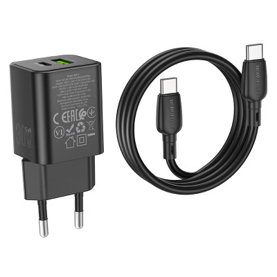 Borofone fali töltő BN14 Royal GaN - USB + Type C - QC 3.0 PD 30W Type C - Type C kábellel fekete