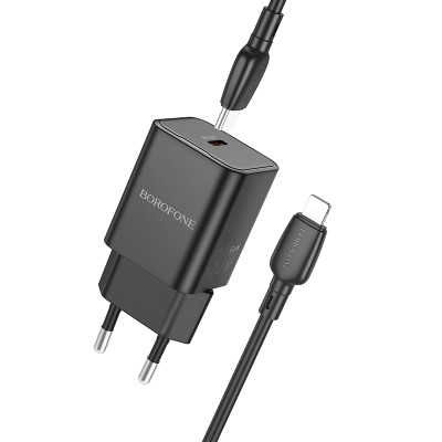 Borofone fali töltő BN13 Safety GaN - Type C - PD 30W Type C - Lightning kábellel fekete