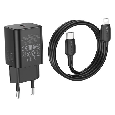 Borofone fali töltő BN13 Safety GaN - Type C - PD 30W Type C - Lightning kábellel fekete