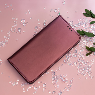 iPhone 14 burgundy mágneses könyvtok bőr hatású, SMART