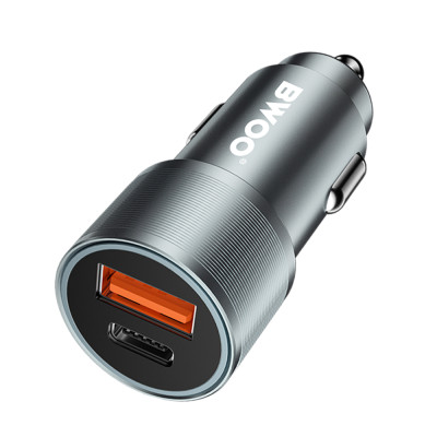 BWOO 38W gyors autós töltő, BO-CC73, QC 18W + PD 20W, szürke-ezüst