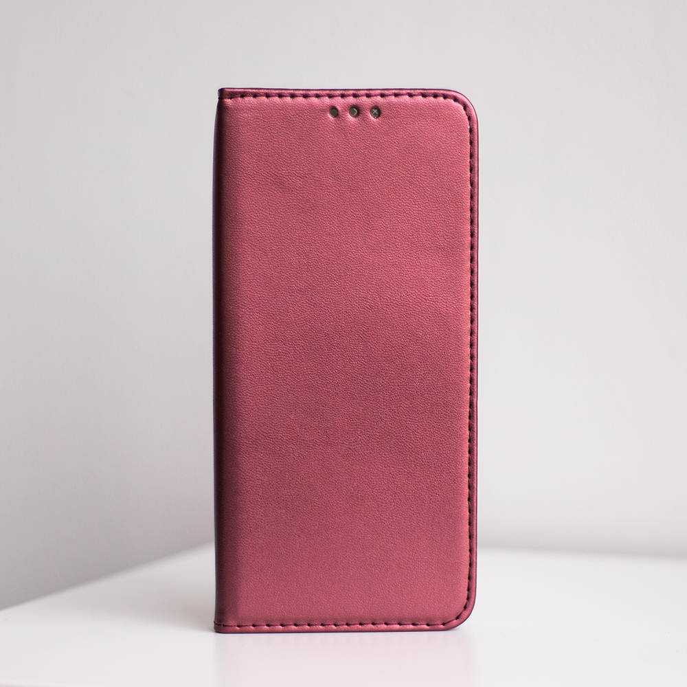 iPhone 16e burgundy mágneses könyvtok bőr hatású, SMART