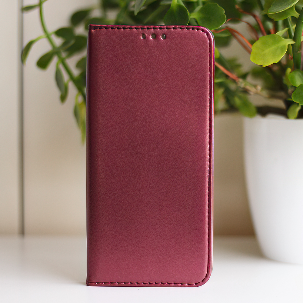 iPhone 16e burgundy mágneses könyvtok bőr hatású, SMART
